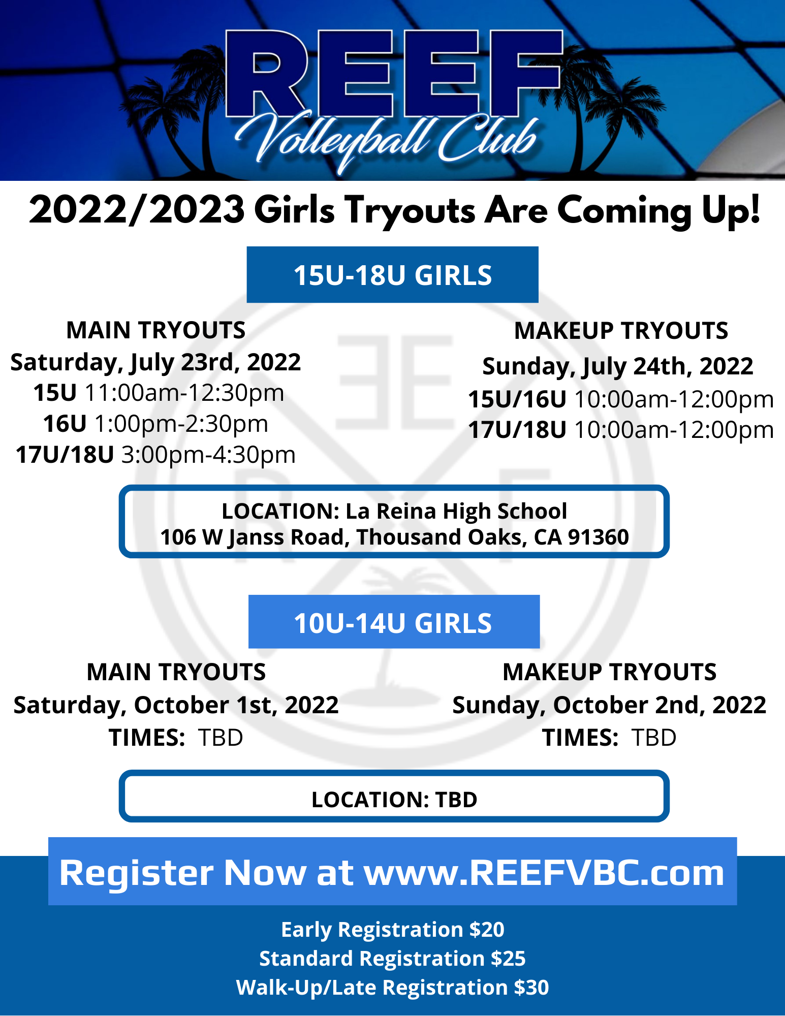 Reserve your spot for girls 2022/23 tryouts: https://www.reefvbc.com/home
